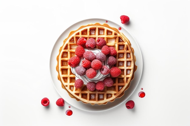 une gaufre avec des framboises et des framboises dessus.