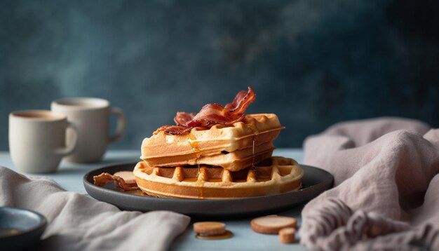 Gaufres au bacon sur une assiette avec une tasse de café