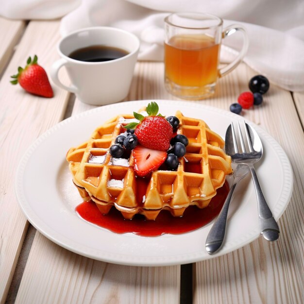 Des gaufres au petit déjeuner avec des bleuets et des fraises fraîches sur une assiette blanche sur la table