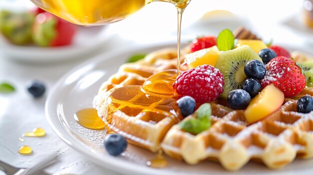 Photo des gaufres au petit déjeuner avec des fruits et du miel.