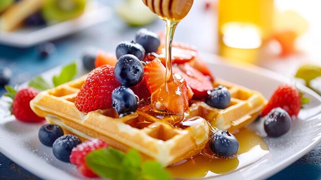 Des gaufres au petit déjeuner avec des fruits et du miel.