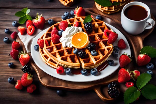 Gaufres aux baies et sirop sur une assiette avec une tasse de café.