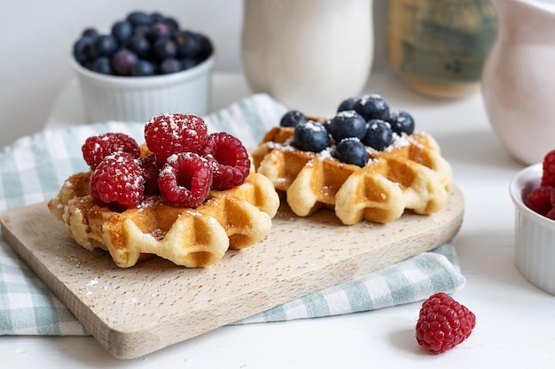 Gaufres aux framboises et bleuets sur une planche