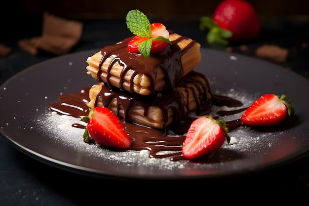 Gaufres belges aux fraises et au chocolat sur une plaque noire