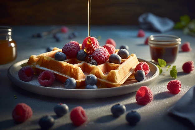 Gaufres belges aux framboises et myrtilles et petit-déjeuner au sirop