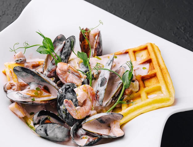 Gaufres belges aux fruits de mer dans une sauce crémeuse