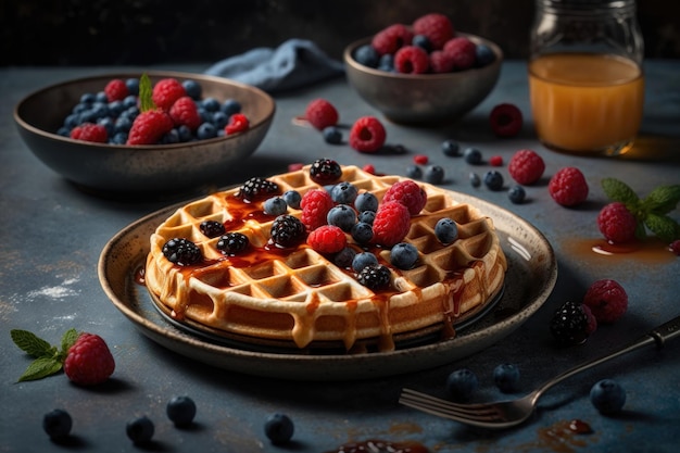 Gaufres belges aux myrtilles framboises et sirop petit-déjeuner sain fait maison Génération AI