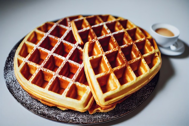 Gaufres belges douces et aérées aux épices et sucre en poudre sur assiette