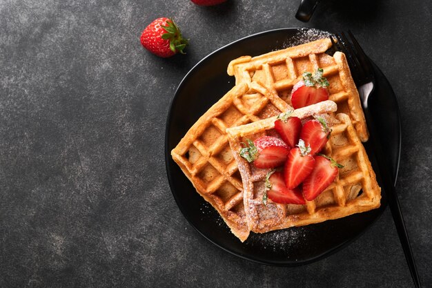 Gaufres belges Gaufres maison avec fraises, sucre en poudre et tasse de café sur plaque noire sur fond de table en pierre noire Petit-déjeuner Vue de dessus Maquette pour idée de design