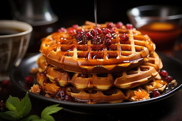 Gaufres à la citrouille et à la cannelle dans un plat d'automne génératif IA