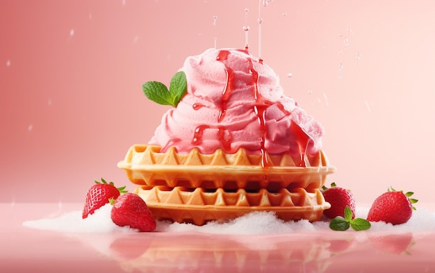 Gaufres avec fond de glace à la fraise