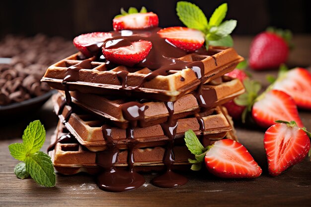 Des gaufres avec des fraises au chocolat