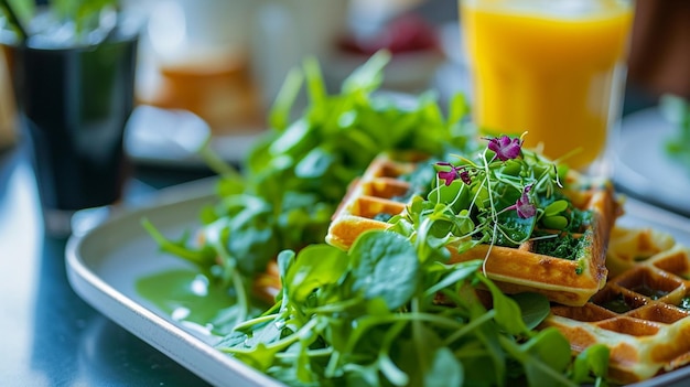 Photo des gaufres de légumes verts avec des épinards et des micro-verts