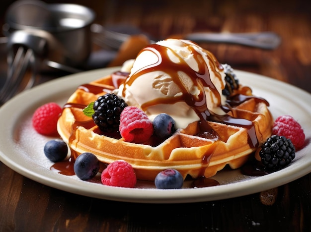 Gaufres avec sauce au caramel à la crème glacée et baies fraîches sur une table en bois