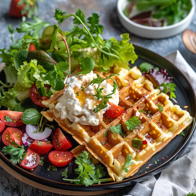 Des gaufres savoureuses avec des tomates vertes fraîches et de la sauce crémeuse sur une assiette sombre