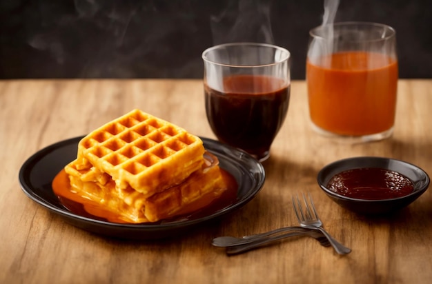 Photo des gaufres traditionnelles et tendres sur l'assiette de service