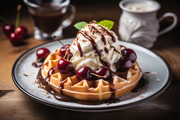 Des gaufres viennoises avec de la crème glacée et du café.