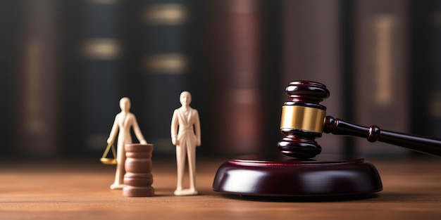 Gavel petites figurines en bois d'un mari femme et enfant sur la table d'un juge dans un palais de justice lors d'une audience