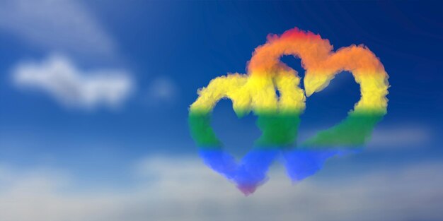 Gay pride couleurs arc-en-ciel nuages en forme de coeur imbriqués sur fond de ciel bleu copie espace illustration 3d