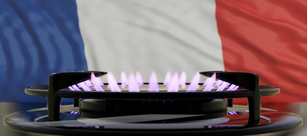 Gaz naturel en France concept Burning gas Cook cuisinière brûleur drapeau français fond rendu 3d