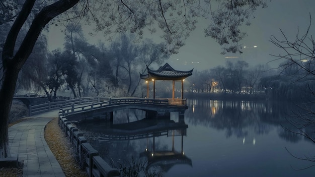 gazebo arrafé sur un pont au-dessus d'un lac la nuit