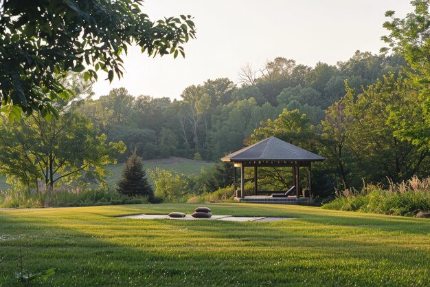 Un gazebo au milieu d'un champ herbeux