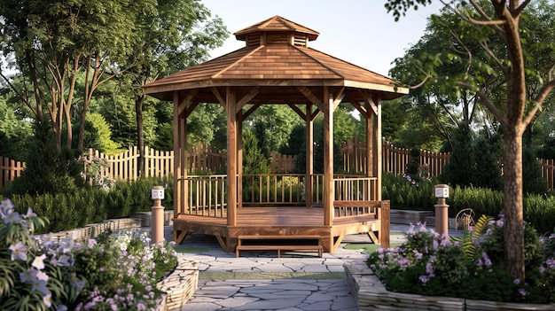 Photo gazebo en bois pour se détendre dans le jardin