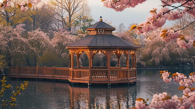 un gazebo avec des fleurs de cerises roses à l'arrière-plan