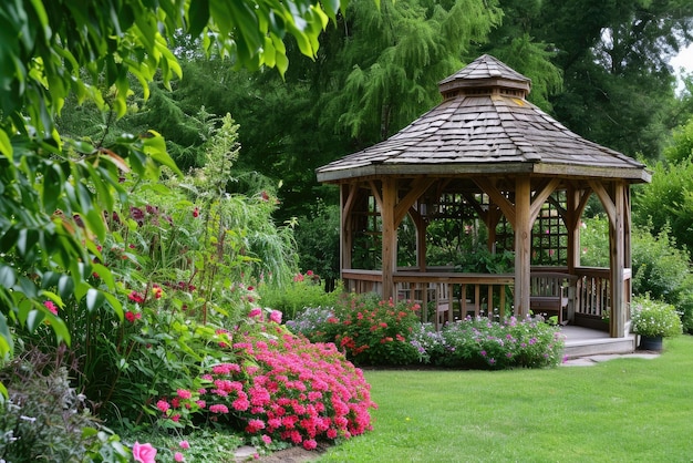 Gazebo avec fleurs et jardin