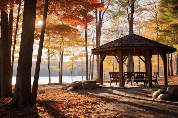 Photo gazebos ou pavillons rustiques au milieu du feuillage d'automne