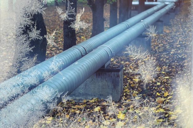 Gazoduc d'hiver Tuyaux métalliques sur les tuyaux de rue du caloduc du pipeline