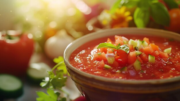 Gazpacho une soupe vibrante et réfrigérée de tomates mûres en purée, de poivrons, de concombres, d'oignons et d'ail enrichis d'huile d'olive et de vinaigre présentée dans un bol de saveurs