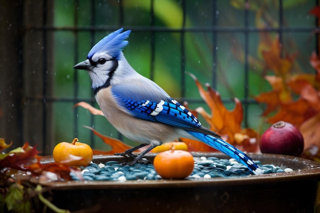 Un geai bleu se dresse sur un tas de fruits.