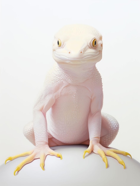 Un gecko blanc aux yeux jaunes est assis sur une surface blanche.