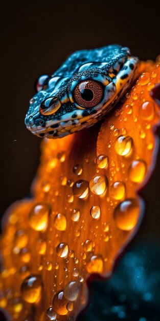 Un gecko avec des gouttes d'eau sur la tête