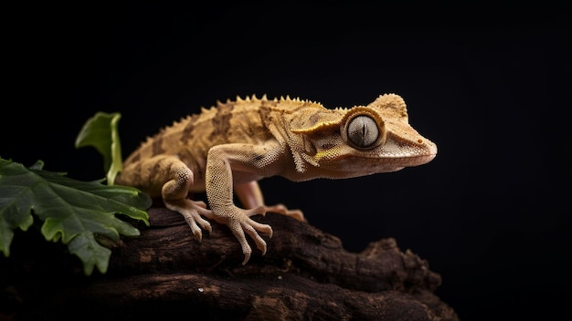Gecko huppé assis sur un rondin de bois avec fond noir IA générative