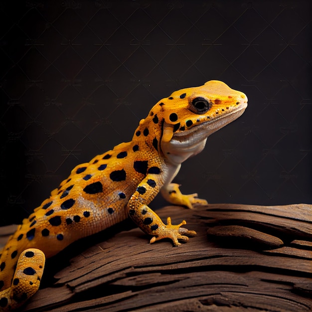 Un gecko léopard est assis sur un journal avec un fond sombre.