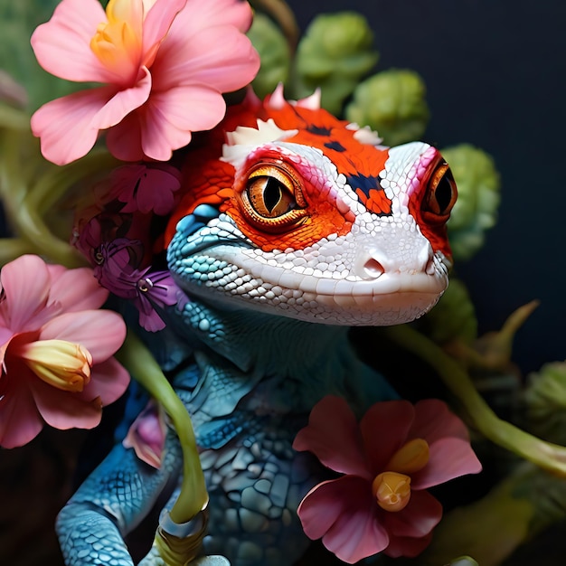 Gecko transformé avec des fleurs AI