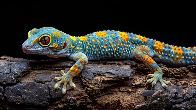 Photo geckos aux couleurs vives sur une roche avec un fond noir