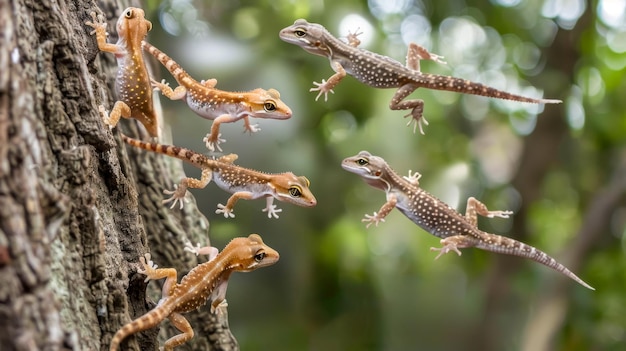 Des geckos grimpant dans un arbre dans leur habitat naturel