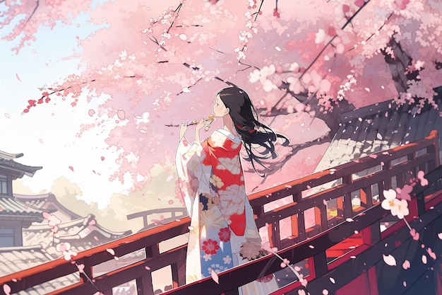 Geisha ai générative en illustration d'anime de jardin de sakura en fleurs