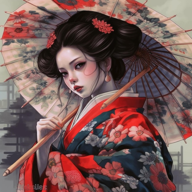 Une geisha attrayante en kimono noir avec des fleurs.