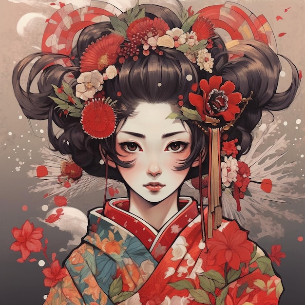 Une geisha attrayante en kimono noir avec des fleurs.