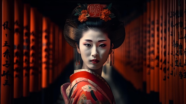 Une geisha devant une porte rouge