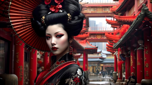 Photo une geisha devant une porte rouge