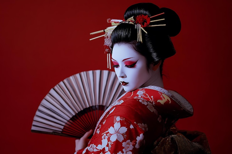 Photo geisha japonaise traditionnelle en kimono rouge avec fan