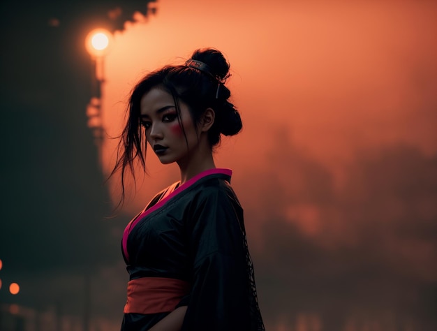 Une geisha magnifique dans un décor brumeux et faiblement éclairé