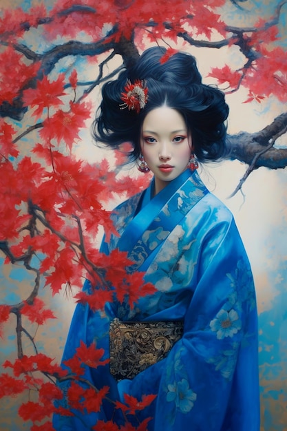 une geisha sous un cerisier bleu