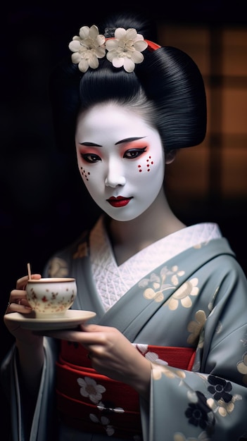 une geisha avec une tasse de thé et une assiette de thé