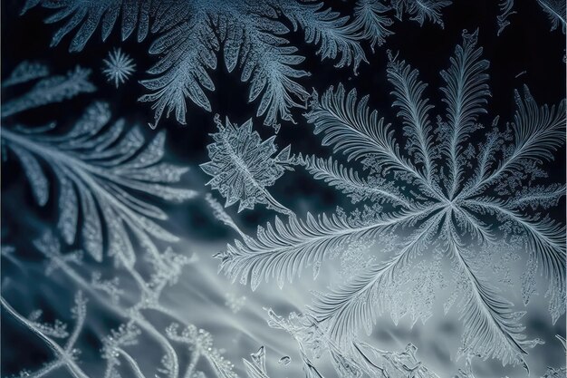 Le gel d'hiver laisse des motifs sur des cristaux de glace de feuille de verre sur fond d'hiver froid